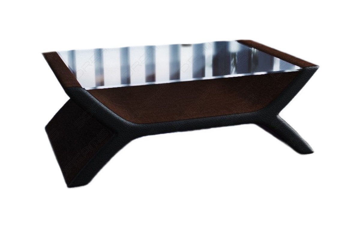 Sofa Dreams Couchtisch Calabria Tisch Stoff mit Sicherheitsglasplatte 12mm, Strukturstoff Bezug in Braun, Akzentfarbe Schwarz, mit LED-Beleuchtung von Sofa Dreams