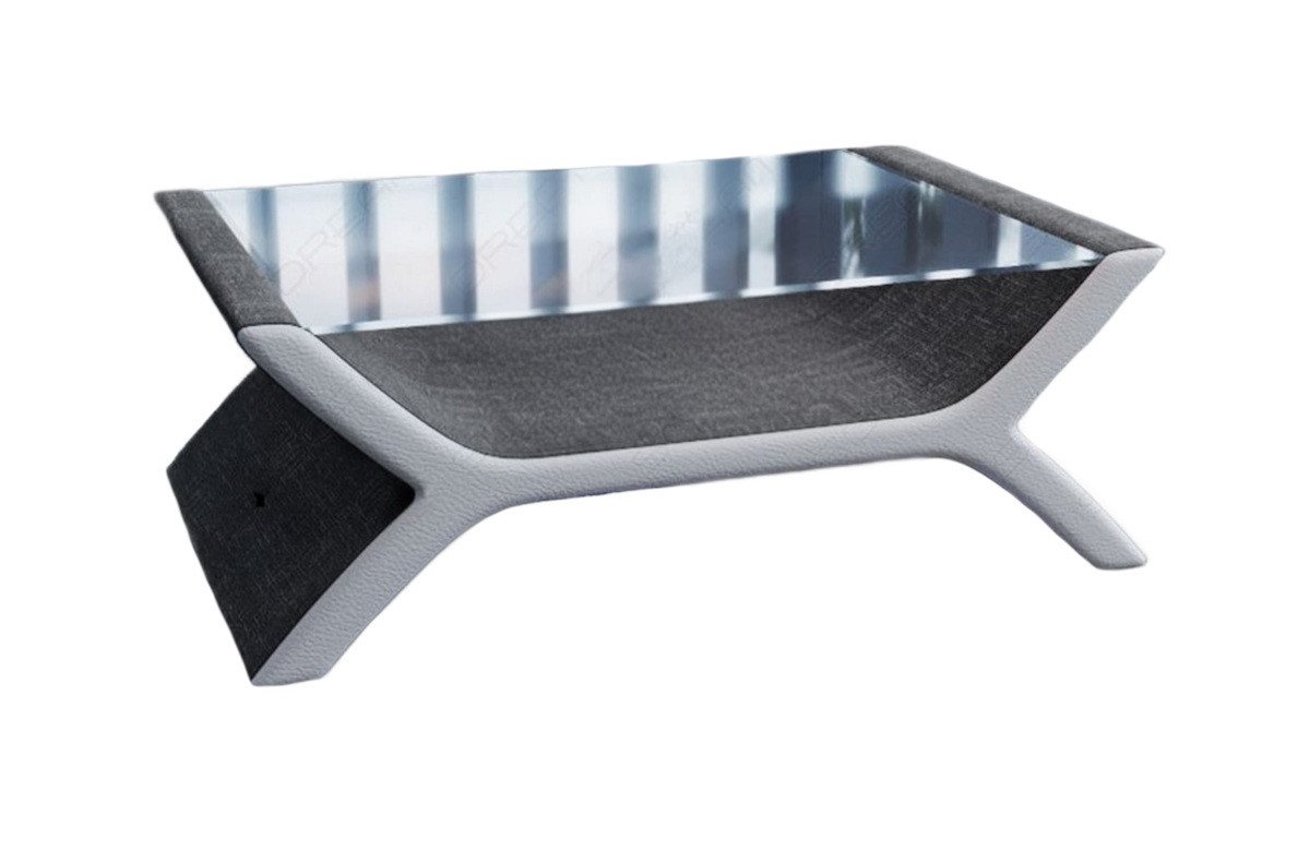 Sofa Dreams Couchtisch Calabria Tisch Stoff mit Sicherheitsglasplatte 12mm, Strukturstoff Bezug in Grau, Akzentfarbe Kunstleder Weiß von Sofa Dreams