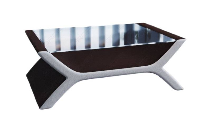 Sofa Dreams Couchtisch Calabria Tisch Stoff mit Sicherheitsglasplatte 12mm, Strukturstoff Bezug in Graubraun, Akzentfarbe Kunstleder Weiß von Sofa Dreams