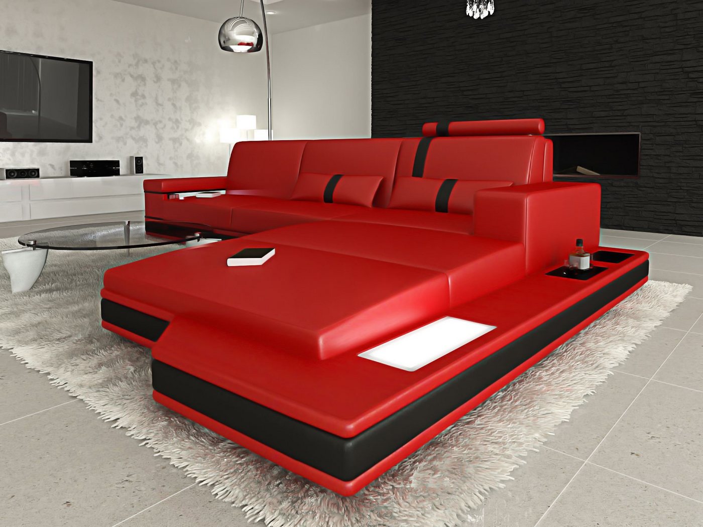 Sofa Dreams Ecksofa Ledercouch Leder Sofa Messana L Form Ledersofa, Couch, mit LED, wahlweise mit Bettfunktion als Schlafsofa, Designersofa von Sofa Dreams