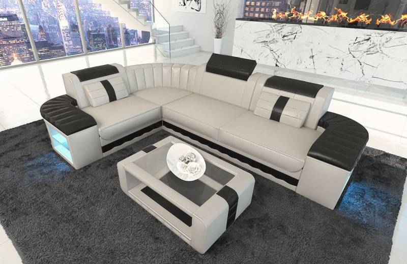 Sofa Dreams Ecksofa Ledercouch Ledersofa Bergamo L Form Leder Sofa, Couch, mit LED, wahlweise mit Bettfunktion als Schlafsofa, Designersofa von Sofa Dreams