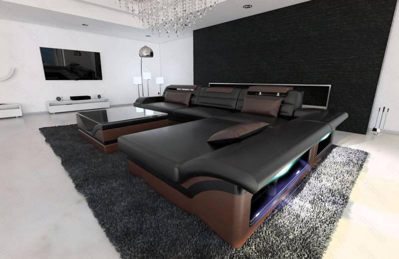 Sofa Dreams Ecksofa Monza L Form Mini Leder, Designersofa, Ottomane, 4-Sitzer, Design Couch, LED-Beleuchtung, viele Farben von Sofa Dreams