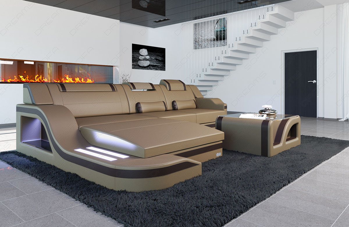 Sofa Dreams Ecksofa Ledersofa Palermo L Form Mini, Designersofa Couch, mit LED Licht & USB Anschluss von Sofa Dreams