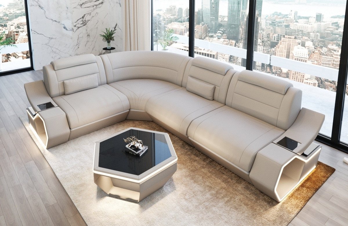Sofa Dreams Ecksofa Pescara L Form Leder, 4-Sitzer, Kunstleder Premium, Beige-Weiß, USB, LED, Ecke links von Sofa Dreams
