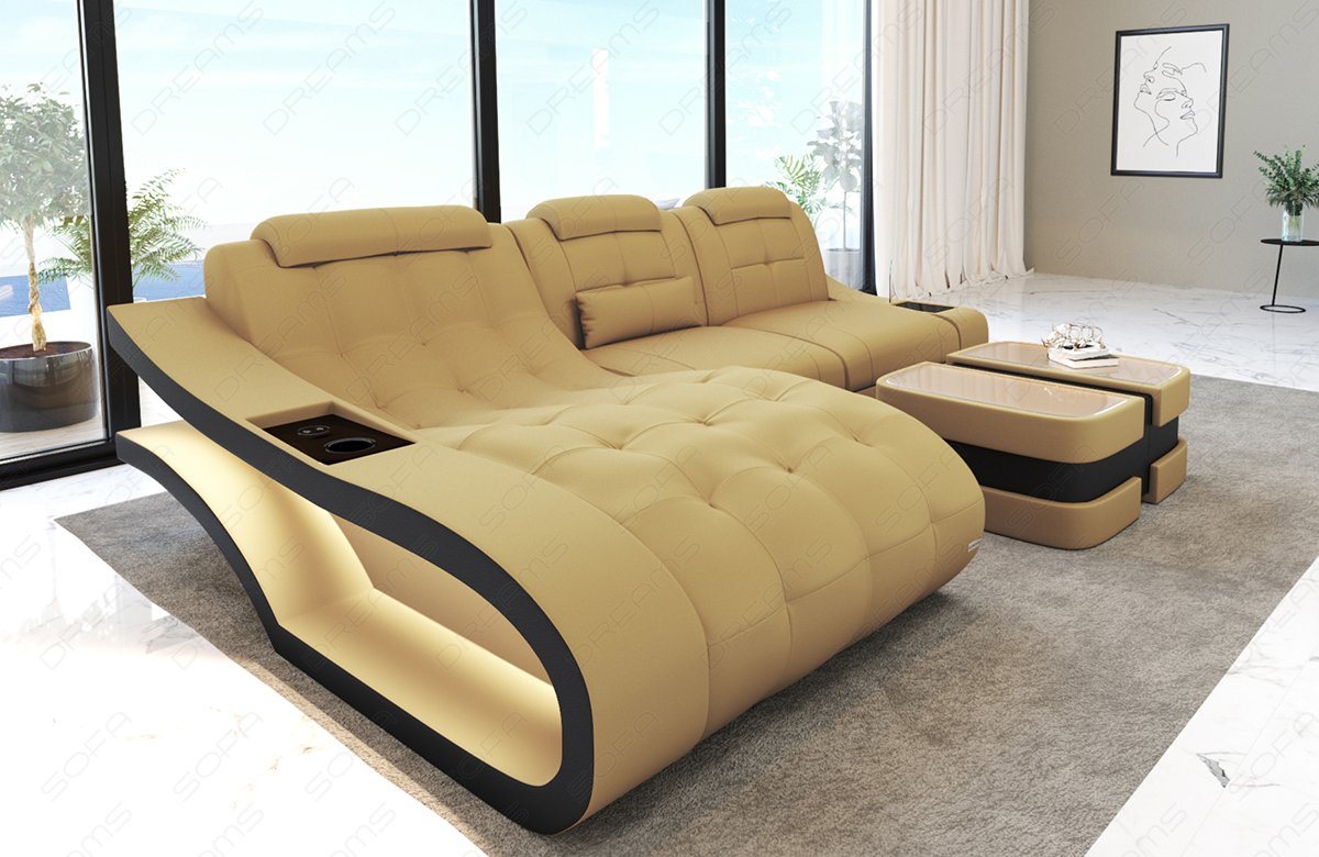 Sofa Dreams Ecksofa Stoffsofa Polster Couch Elegante M - L Form Stoff Sofa, mit LED, wahlweise mit Bettfunktion von Sofa Dreams