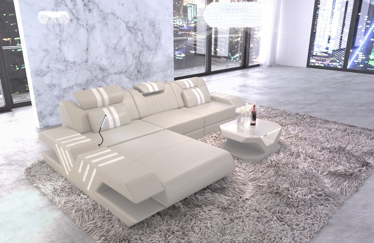 Sofa Dreams Ecksofa Venedig L Form Leder Couch USB, 4-Sitzer, Echt-/Kunstleder Mix, Beige-Weiß, Ottomane links, Bett, LED von Sofa Dreams
