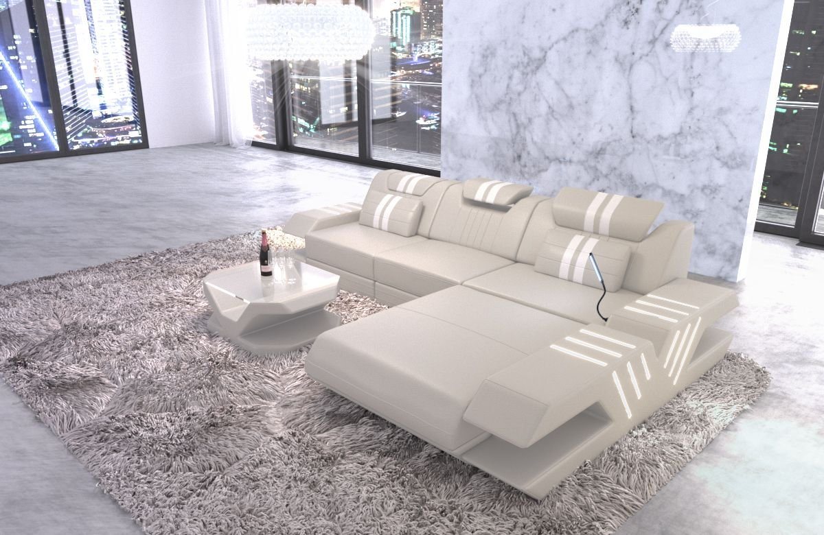 Sofa Dreams Ecksofa Venedig L Form Leder Couch USB, 4-Sitzer, Echt-/Kunstleder Mix, Beige-Weiß, Ottomane rechts, Bett, LED von Sofa Dreams