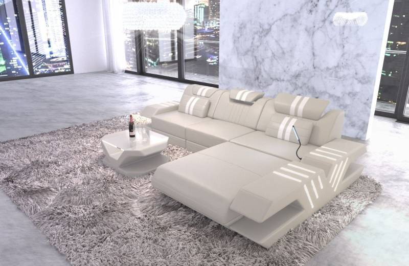 Sofa Dreams Ecksofa Venedig L Form Leder Couch USB, 4-Sitzer, Büffelleder Premium, Beige-Weiß, Ottomane rechts, Bett, LED von Sofa Dreams