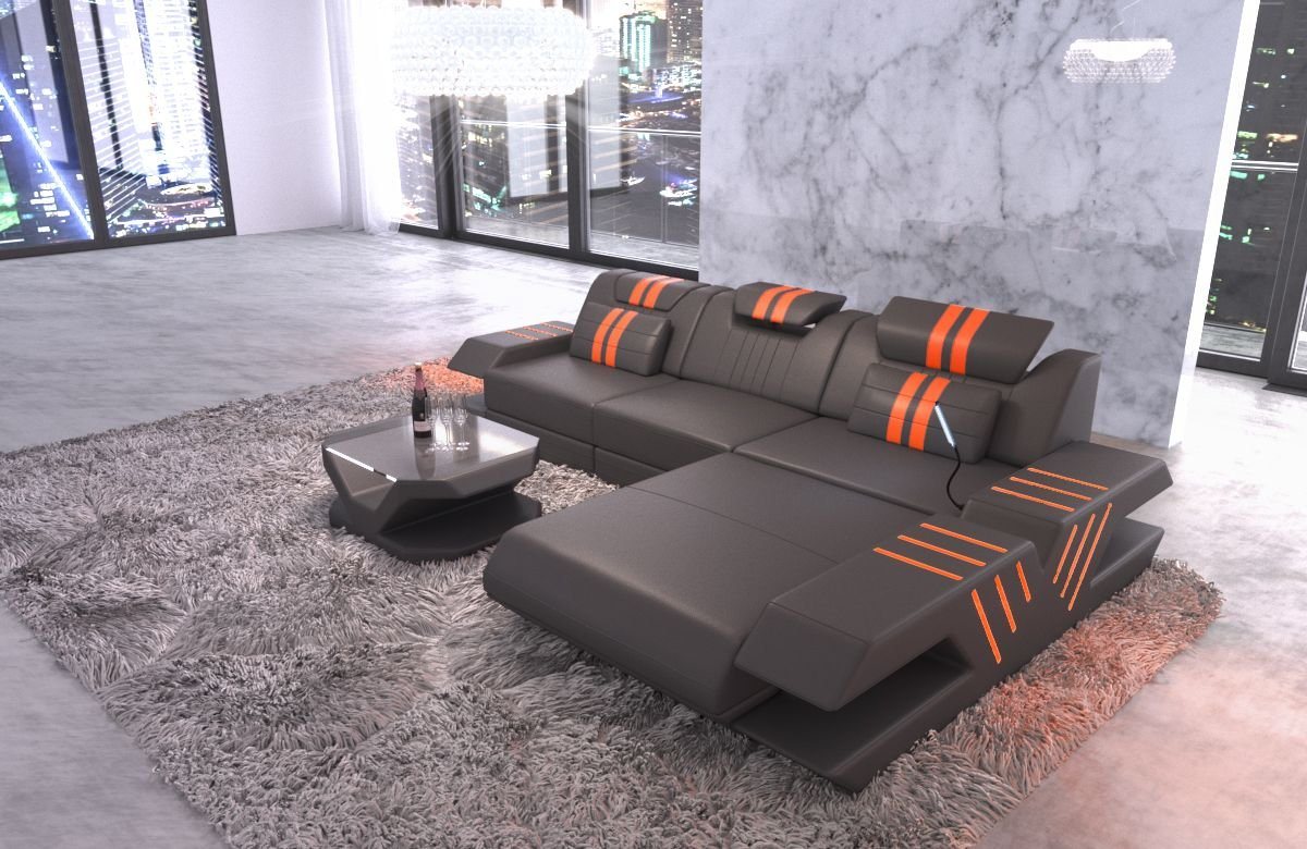 Sofa Dreams Ecksofa Venedig L Form Leder Couch USB, 4-Sitzer, Echtleder Premium, Grau-Orange, Ottomane rechts, Bett, LED Sofa Dreams Ecksofa Venedig L Form Leder Couch USB, 4-Sitzer, Echtleder Premium, Grau-Orange, Ottomane rechts, Bett, LED von Sofa Dreams