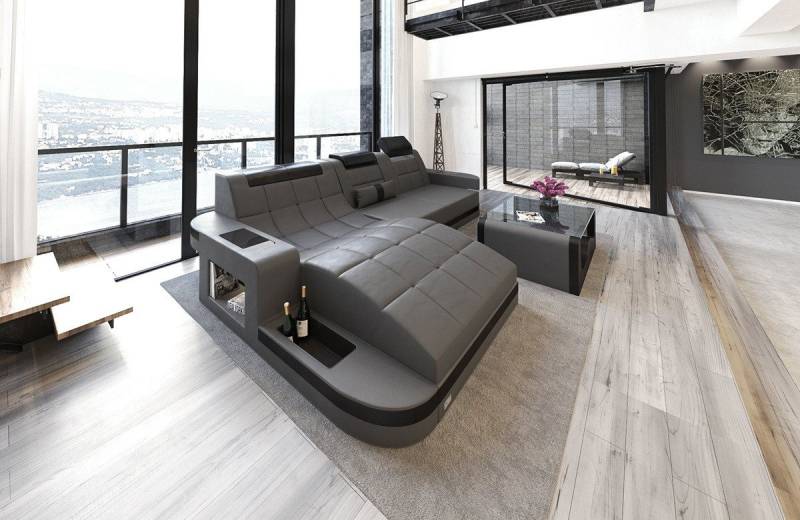 Sofa Dreams Ecksofa Wave L Form Ledersofa LED, 4-Sitzer, Büffelleder Premium, Grau-Schwarz, Ottomane links mit Bett von Sofa Dreams