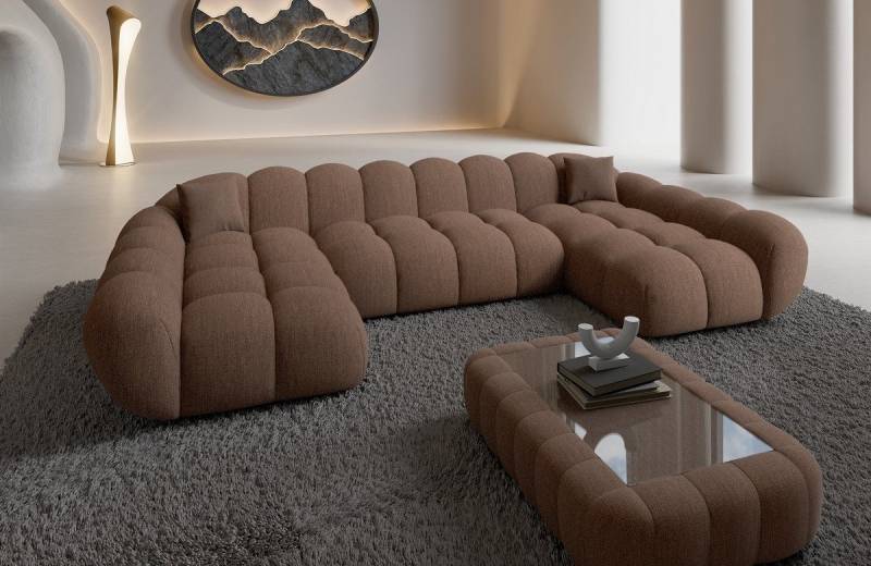 Sofa Dreams Loungesofa Maleron U Form Studio Design Couch, 6-Sitzer, Polster Wohnlandschaft, Strukturstoff Bezug in Braun von Sofa Dreams