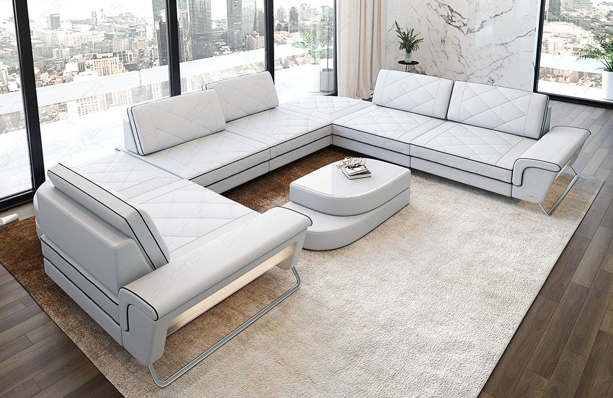 Sofa Dreams Sofa Design Ledersofa Rotello U Form Luxus Leder Sofa, Couch wahlweise mit Multifunktionskonsole von Sofa Dreams