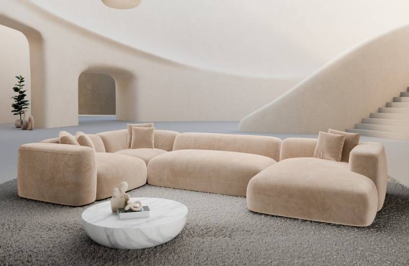 Sofa Dreams Wohnlandschaft Alcudia U Form Stoffbezug Ottomane, 6-Sitzer, Polstersofa, Lounge, Design, Samtstoff Bezug in Beige von Sofa Dreams