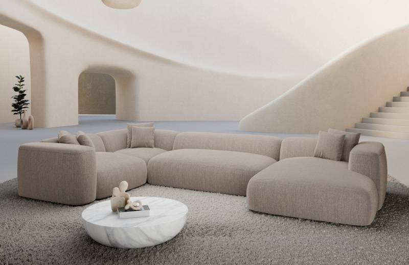 Sofa Dreams Wohnlandschaft Alcudia U Form Stoffbezug Ottomane, Design Couch, 6-Sitzer, viele Farben, Strukturstoff Bezug in Beige von Sofa Dreams