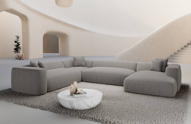 Sofa Dreams Wohnlandschaft Alcudia XXL Stoff mit Ottomane, Designer, 6-Sitzer, attraktive Farben, Strukturstoff Bezug in Hellgrau von Sofa Dreams