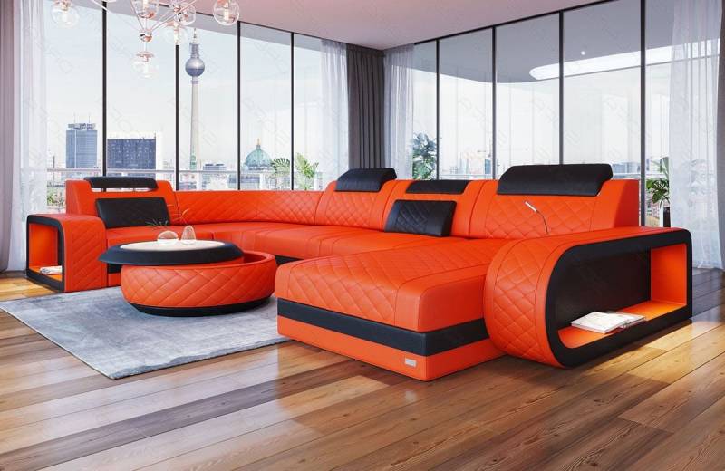 Sofa Dreams Wohnlandschaft Berlin U Form Mini Leder, Designersof, 6-Sitzer, LED-Beleuchtung, Couch, Kopfstützen, USB-Anschluss, Ottomane von Sofa Dreams