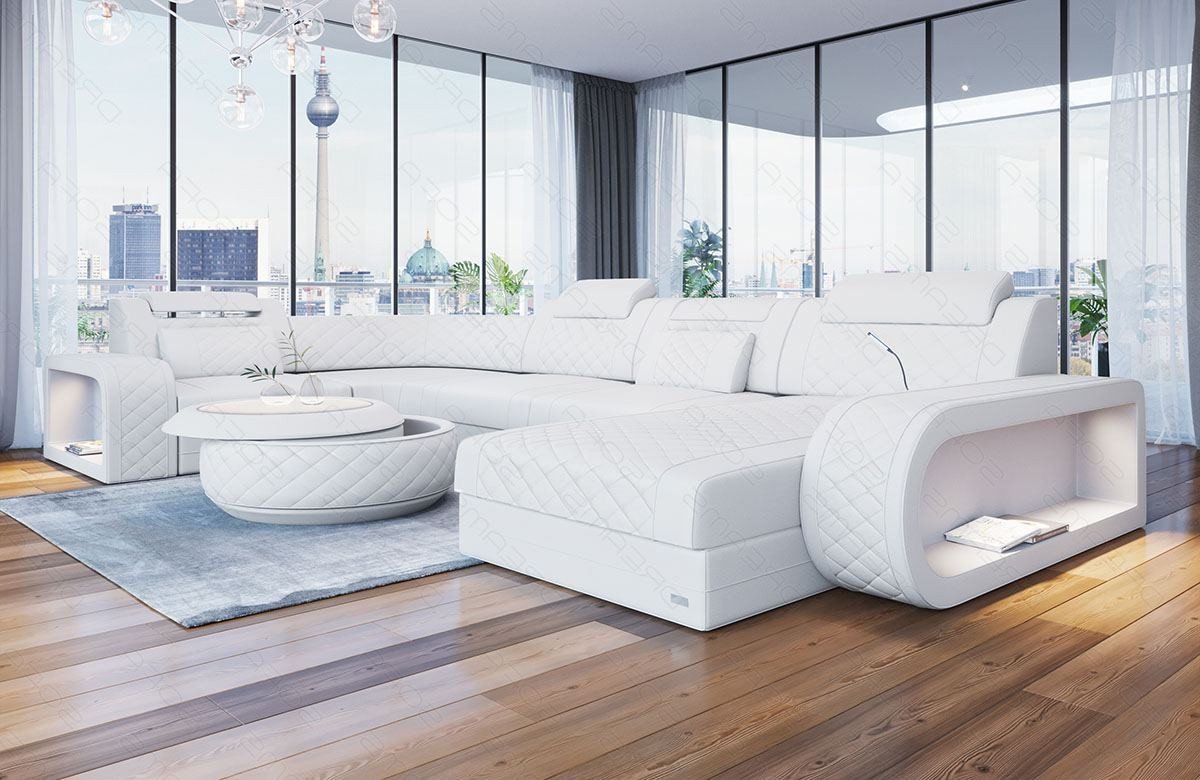 Sofa Dreams Wohnlandschaft Berlin U Form Mini Leder, Designersof, 6-Sitzer, LED-Beleuchtung, Couch, Kopfstützen, USB-Anschluss, Ottomane von Sofa Dreams