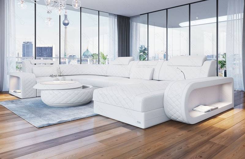 Sofa Dreams Wohnlandschaft Berlin U Form Mini Leder, Designersof, 6-Sitzer, LED-Beleuchtung, Couch, Kopfstützen, USB-Anschluss, Ottomane von Sofa Dreams