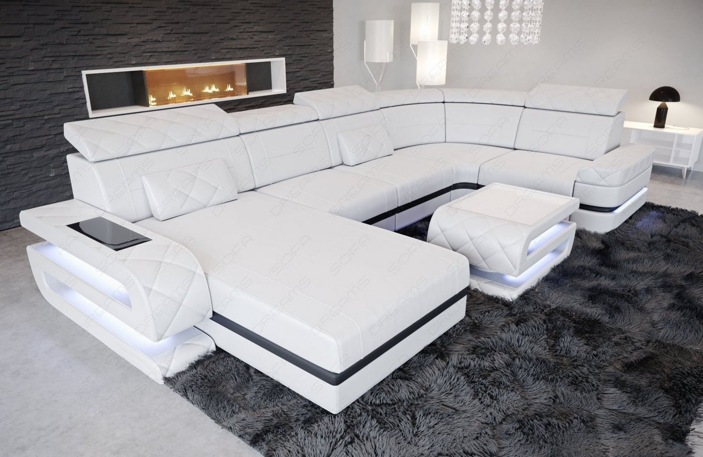 Sofa Dreams Wohnlandschaft Bologna U Form Leder, 6-Sitzer, Couch, opt. Schlaffunktion, Kopfstützen, Farbwechsel-LED von Sofa Dreams