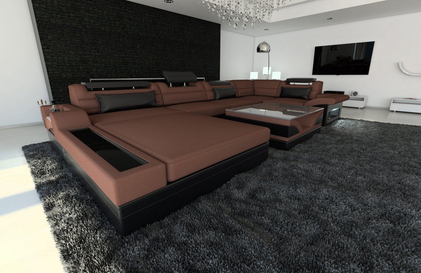 Sofa Dreams Wohnlandschaft Couch Sofa Stoff Mezzo U Form Stoffsofa, mit LED, wahlweise mit Bettfunktion als Schlafsofa, Designersofa von Sofa Dreams