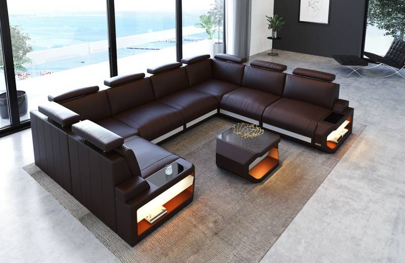 Sofa Dreams Wohnlandschaft Leder Couch Sofa Siena U Form Ledersofa, U-Form Ledersofa Wohnlandschaft mit LED-Beleuchtung und USB von Sofa Dreams