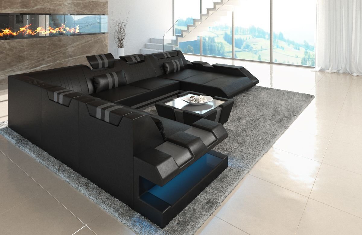 Sofa Dreams Wohnlandschaft Leder Ledercouch Sofa Apollonia XXL U Form Ledersofa, Couch, mit LED, wahlweise mit Bettfunktion als Schlafsofa, Designersofa von Sofa Dreams