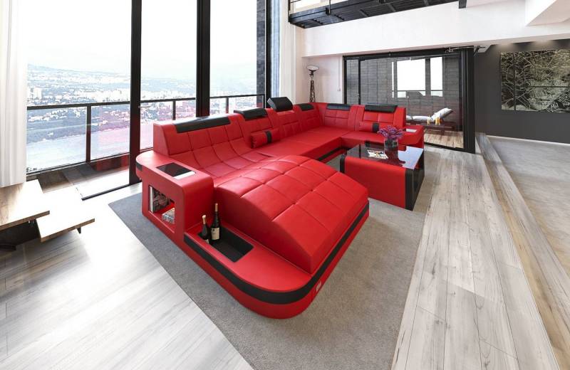 Sofa Dreams Wohnlandschaft Leder Ledercouch Sofa Wave U Form Ledersofa, Couch, mit LED, wahlweise mit Bettfunktion als Schlafsofa, Designersofa von Sofa Dreams