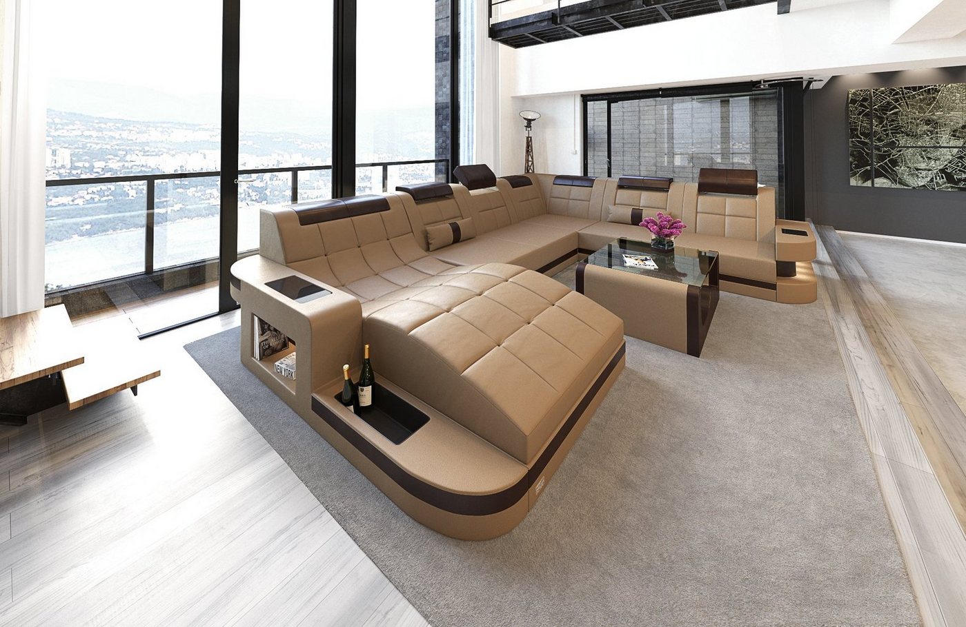 Sofa Dreams Wohnlandschaft Leder Sofa Ledercouch Wave XXL Ledersofa, Couch, mit ergonomischen Ottomane und LED Beleuchtung Sofa Dreams Wohnlandschaft Leder Sofa Ledercouch Wave XXL Ledersofa, Couch, mit ergonomischen Ottomane und LED Beleuchtung von Sofa Dreams