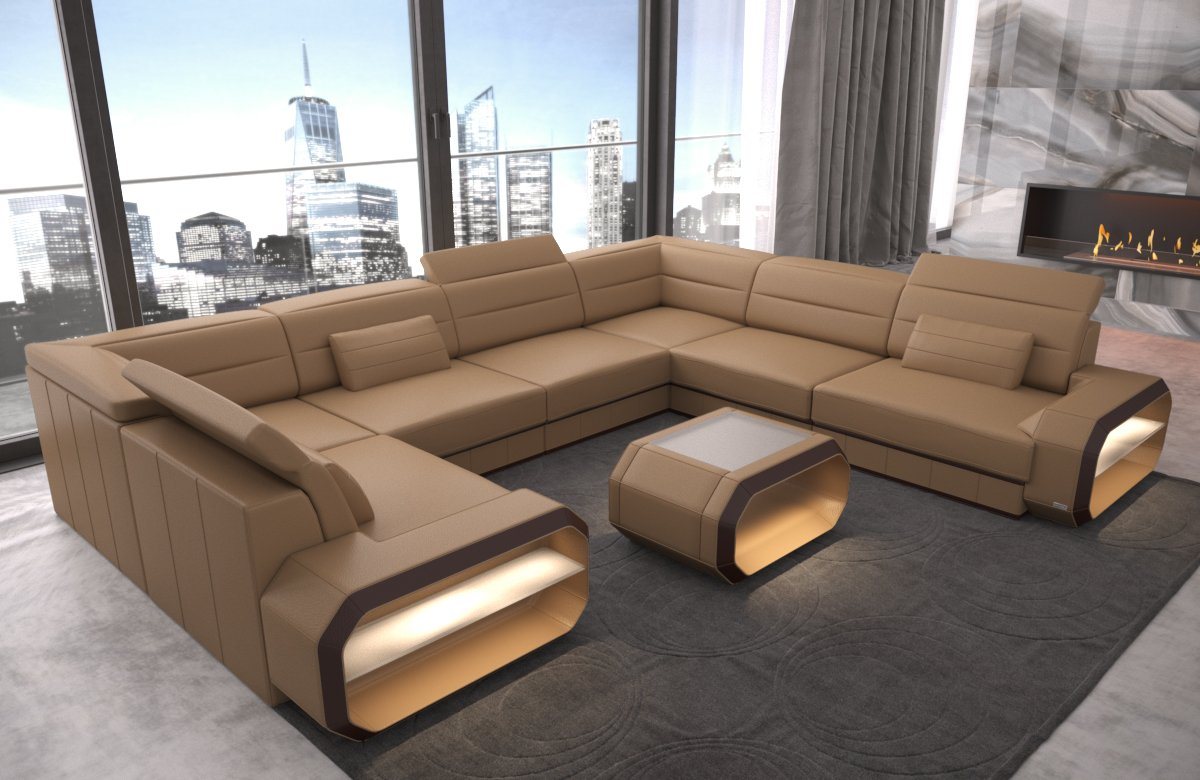 Sofa Dreams Wohnlandschaft Leder Sofa Verona U Form Ledercouch Ledersofa, Couch, mit LED, wahlweise mit Bettfunktion als Schlafsofa, Designersofa von Sofa Dreams