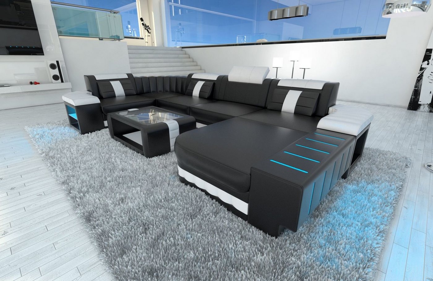 Sofa Dreams Wohnlandschaft Ledercouch Bellagio U Form Ledersofa Sofa Leder, Couch, mit LED, wahlweise mit Bettfunktion als Schlafsofa, Designersofa von Sofa Dreams