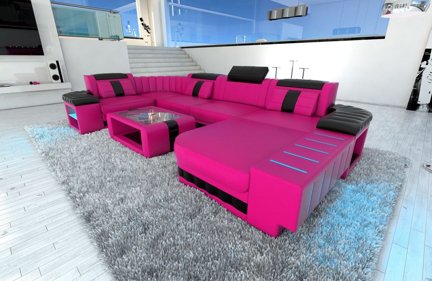 Sofa Dreams Wohnlandschaft Ledercouch Bellagio U Form Ledersofa Sofa Leder, Couch, mit LED, wahlweise mit Bettfunktion als Schlafsofa, Designersofa von Sofa Dreams