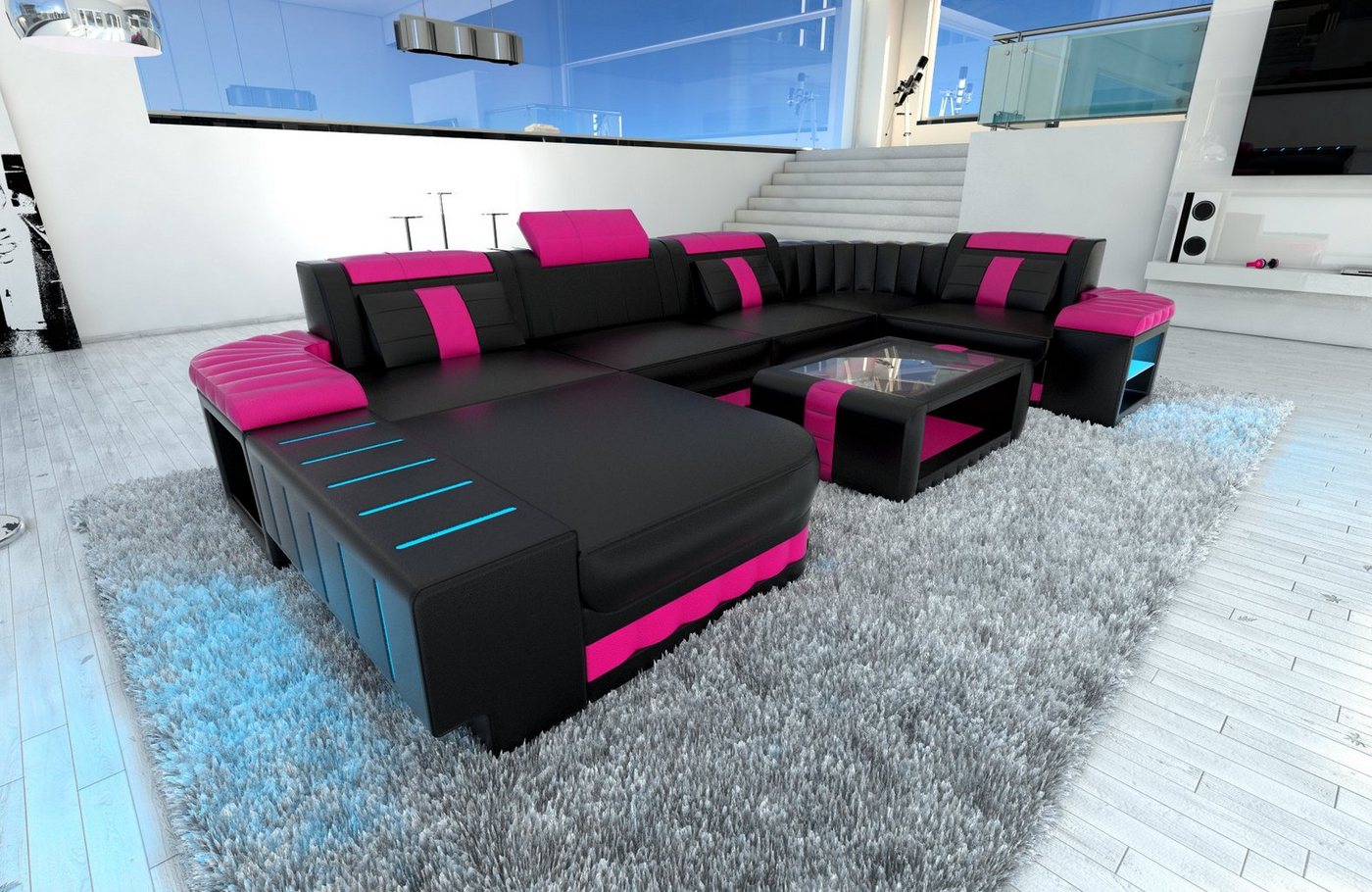 Sofa Dreams Wohnlandschaft Ledercouch Bellagio U Form Ledersofa Sofa Leder, Couch, mit LED, wahlweise mit Bettfunktion als Schlafsofa, Designersofa von Sofa Dreams