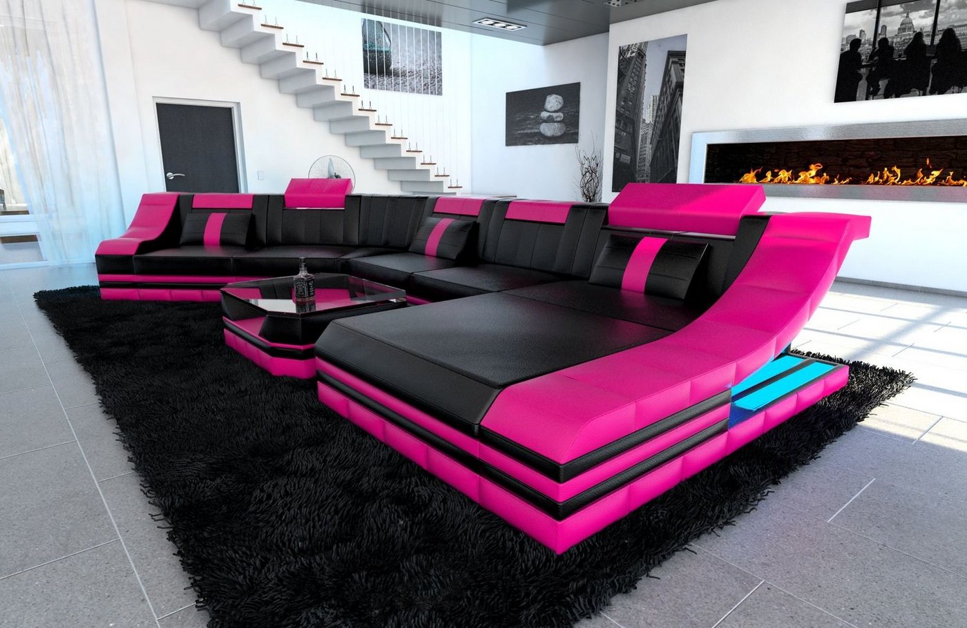 Sofa Dreams Wohnlandschaft Ledercouch Leder Sofa Turino C Form Ledersofa, Couch, mit LED, wahlweise mit Bettfunktion als Schlafsofa, Designersofa von Sofa Dreams