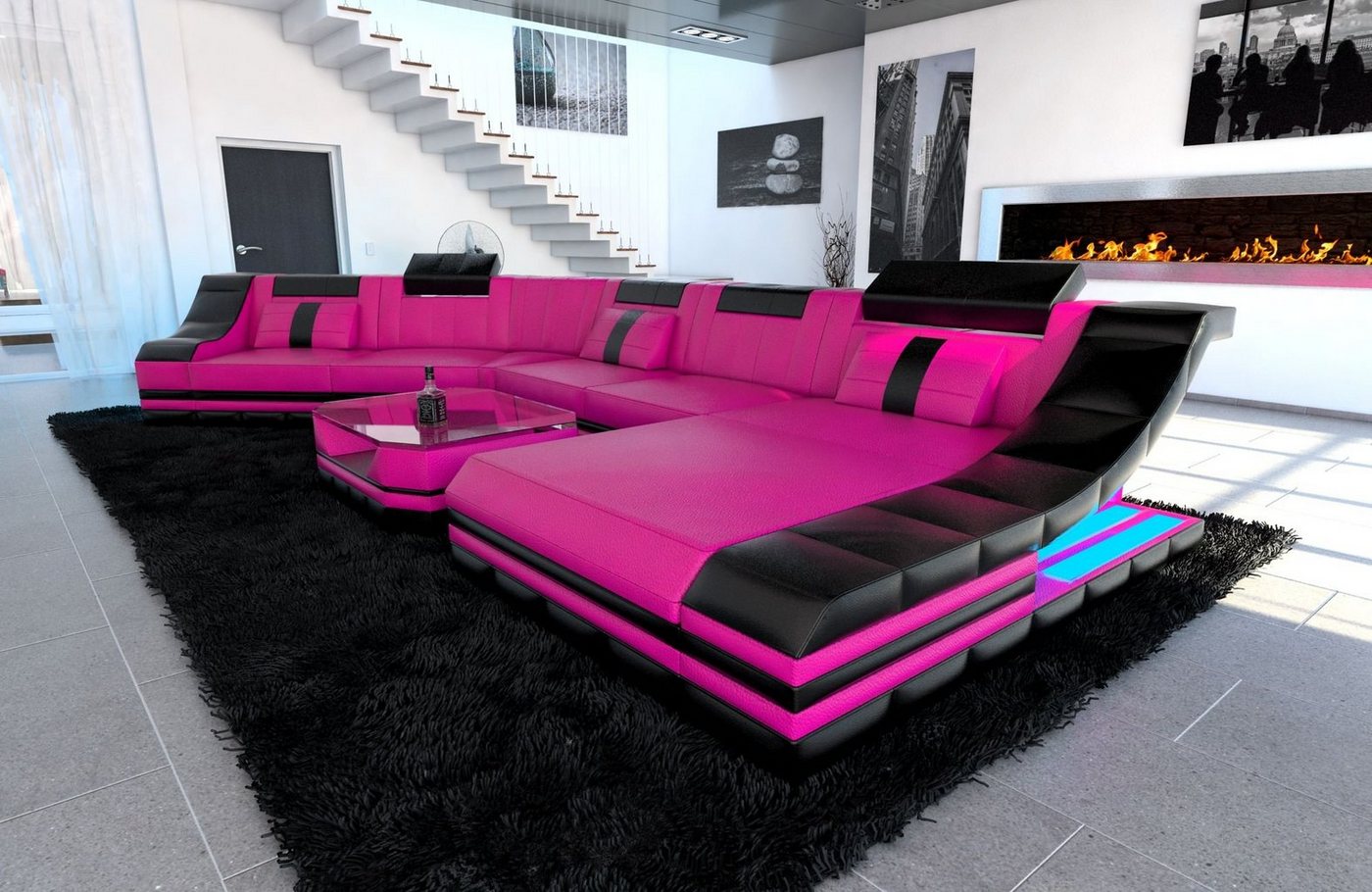 Sofa Dreams Wohnlandschaft Ledercouch Leder Sofa Turino C Form Ledersofa, Couch, mit LED, wahlweise mit Bettfunktion als Schlafsofa, Designersofa von Sofa Dreams