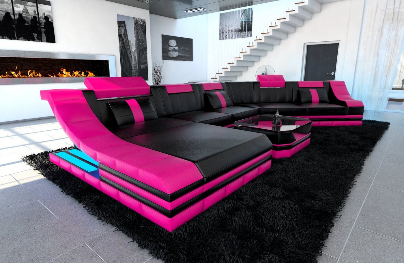 Sofa Dreams Wohnlandschaft Ledercouch Leder Sofa Turino C Form Ledersofa, Couch, mit LED, wahlweise mit Bettfunktion als Schlafsofa, Designersofa von Sofa Dreams