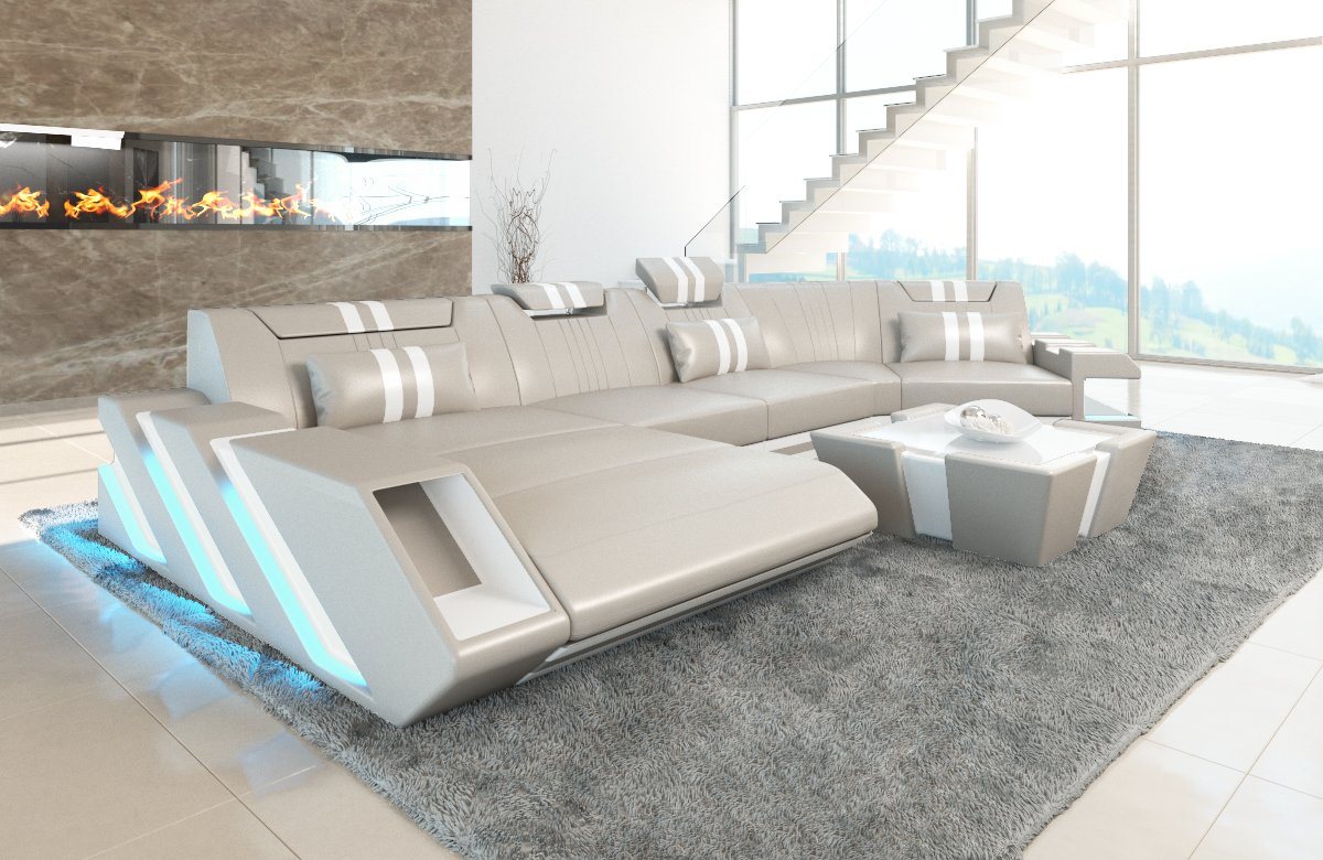 Sofa Dreams Wohnlandschaft Ledercouch Sofa Leder Apollonia C Form Ledersofa, Couch, mit LED, wahlweise mit Bettfunktion als Schlafsofa, Designersofa von Sofa Dreams