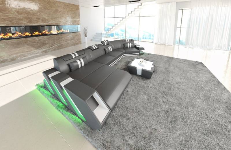 Sofa Dreams Wohnlandschaft Ledercouch Sofa Leder Apollonia C Form Ledersofa, Couch, mit LED, wahlweise mit Bettfunktion als Schlafsofa, Designersofa von Sofa Dreams