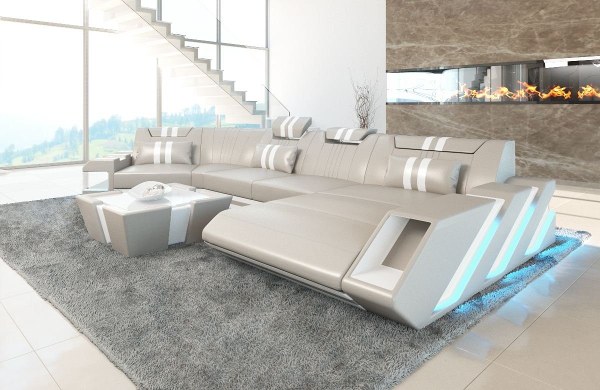 Sofa Dreams Wohnlandschaft Ledercouch Sofa Leder Apollonia C Form Ledersofa, Couch, mit LED, wahlweise mit Bettfunktion als Schlafsofa, Designersofa von Sofa Dreams