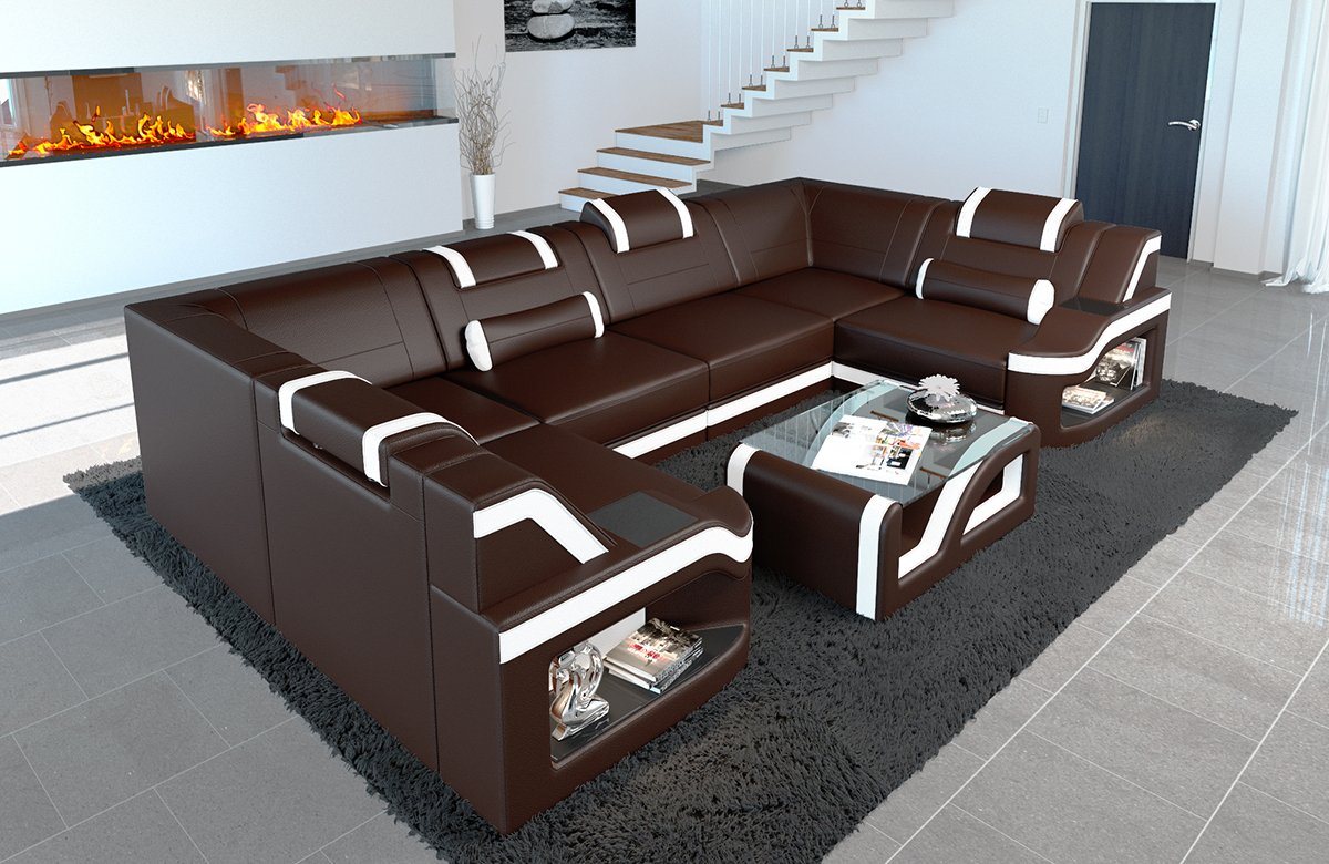 Sofa Dreams Wohnlandschaft Ledercouch Sofa Leder Padua U Form Ledersofa, Couch, mit LED, wahlweise mit Bettfunktion als Schlafsofa, Designersofa von Sofa Dreams