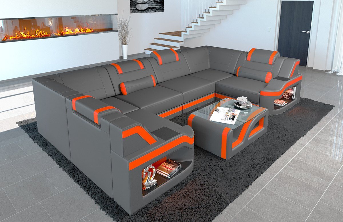 Sofa Dreams Wohnlandschaft Ledercouch Sofa Leder Padua U Form Ledersofa, Couch, mit LED, wahlweise mit Bettfunktion als Schlafsofa, Designersofa von Sofa Dreams