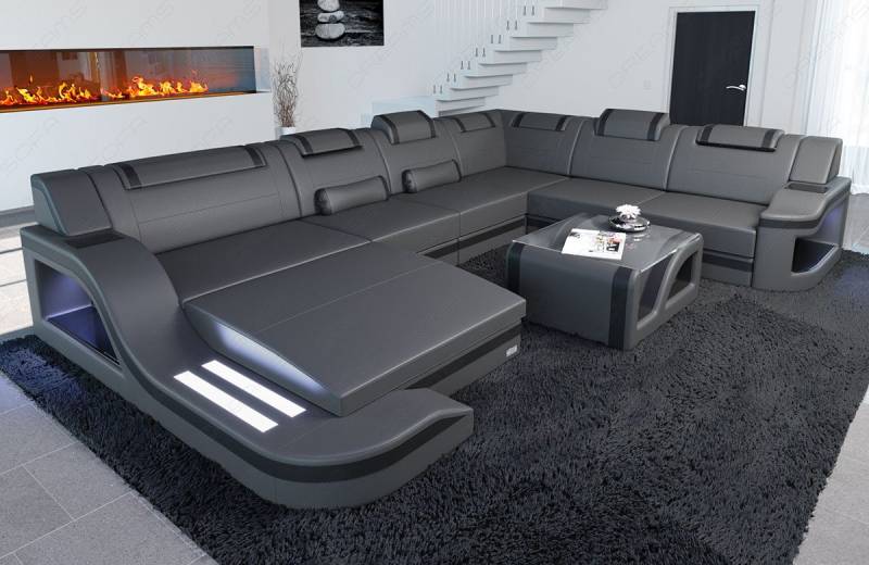 Sofa Dreams Wohnlandschaft Ledercouch Sofa Leder Palermo XXL U Form Ledersofa, Couch, mit LED, wahlweise mit Bettfunktion als Schlafsofa, Designersofa von Sofa Dreams