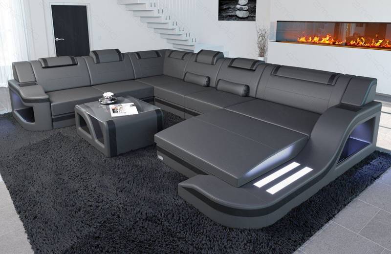 Sofa Dreams Wohnlandschaft Ledercouch Sofa Leder Palermo XXL U Form Ledersofa, Couch, mit LED, wahlweise mit Bettfunktion als Schlafsofa, Designersofa von Sofa Dreams