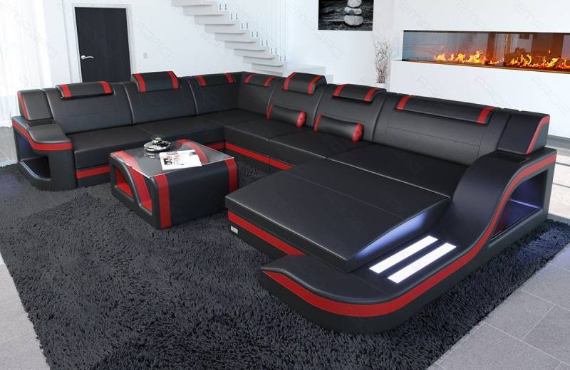 Sofa Dreams Wohnlandschaft Ledercouch Sofa Leder Palermo XXL U Form Ledersofa, Couch, mit LED, wahlweise mit Bettfunktion als Schlafsofa, Designersofa von Sofa Dreams