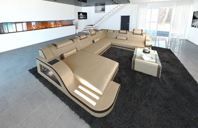 Sofa Dreams Wohnlandschaft Ledercouch Sofa Leder Palermo XXL U Form Ledersofa, Couch, mit LED, wahlweise mit Bettfunktion als Schlafsofa, Designersofa von Sofa Dreams