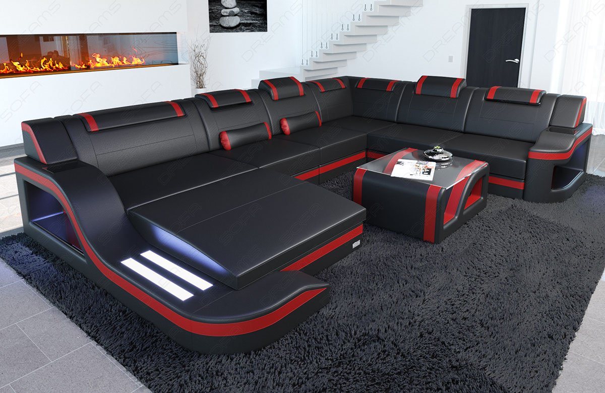 Sofa Dreams Wohnlandschaft Ledercouch Sofa Leder Palermo XXL U Form Ledersofa, Couch, mit LED, wahlweise mit Bettfunktion als Schlafsofa, Designersofa von Sofa Dreams