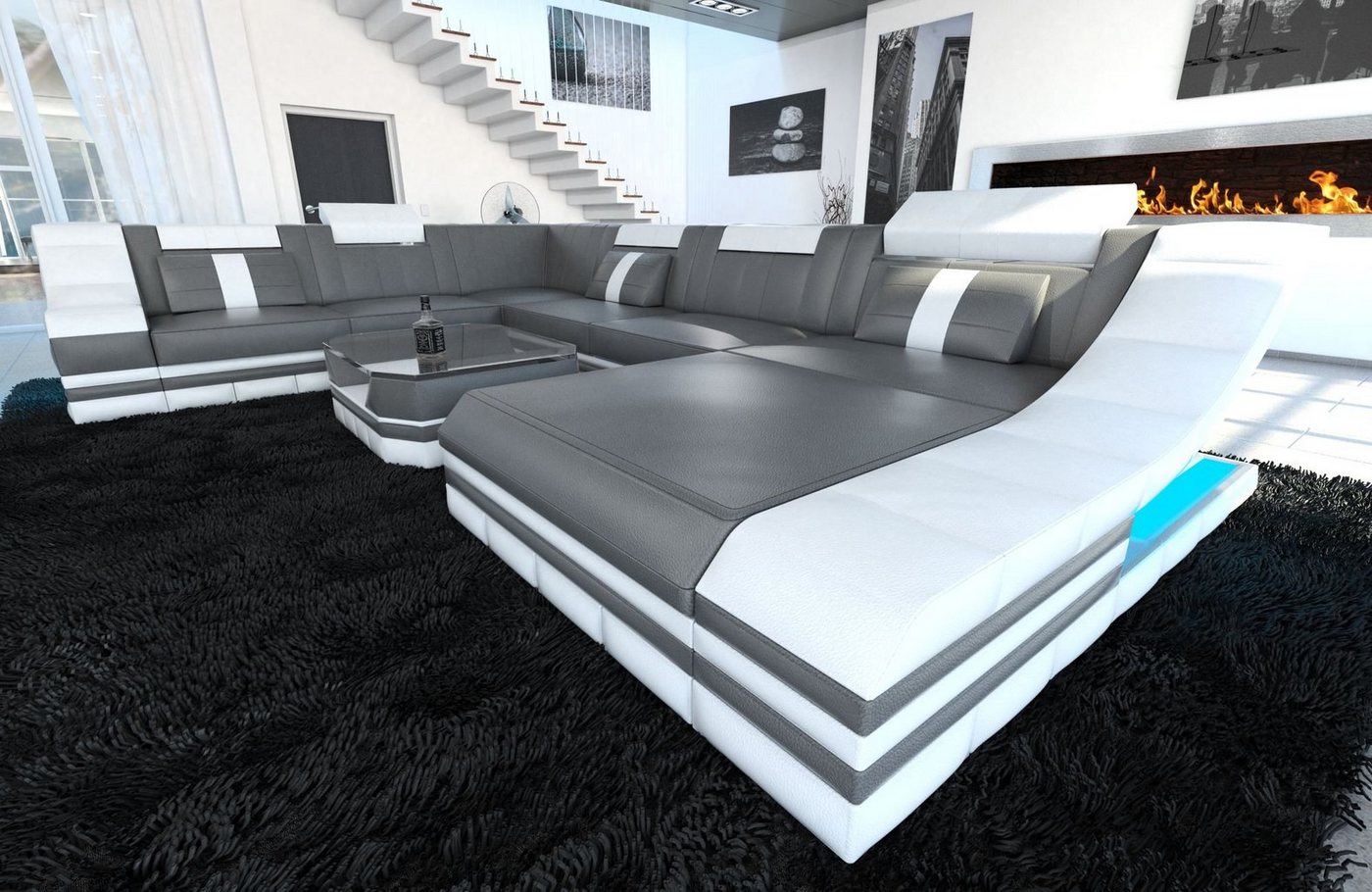 Sofa Dreams Wohnlandschaft Ledercouch Sofa Leder Turino XXL U Form Ledersofa, Couch, mit LED, wahlweise mit Bettfunktion als Schlafsofa, Designersofa von Sofa Dreams