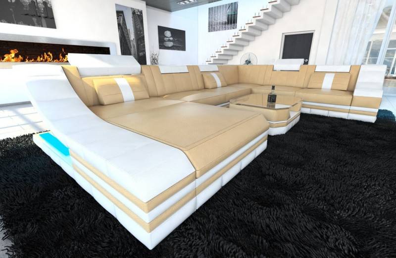 Sofa Dreams Wohnlandschaft Ledercouch Sofa Leder Turino XXL U Form Ledersofa, Couch, mit LED, wahlweise mit Bettfunktion als Schlafsofa, Designersofa von Sofa Dreams