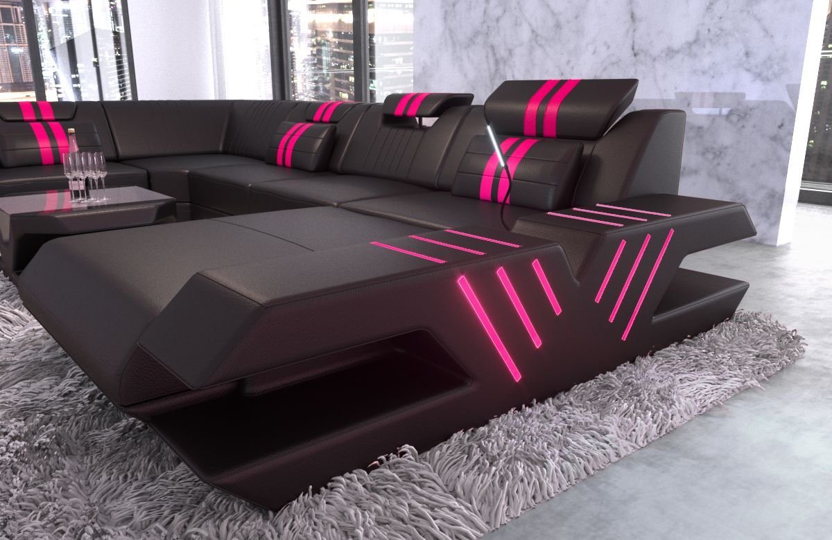 Sofa Dreams Wohnlandschaft Ledercouch Sofa Leder Venedig U Form Ledersofa, Couch, mit LED, wahlweise mit Bettfunktion als Schlafsofa, Designersofa von Sofa Dreams