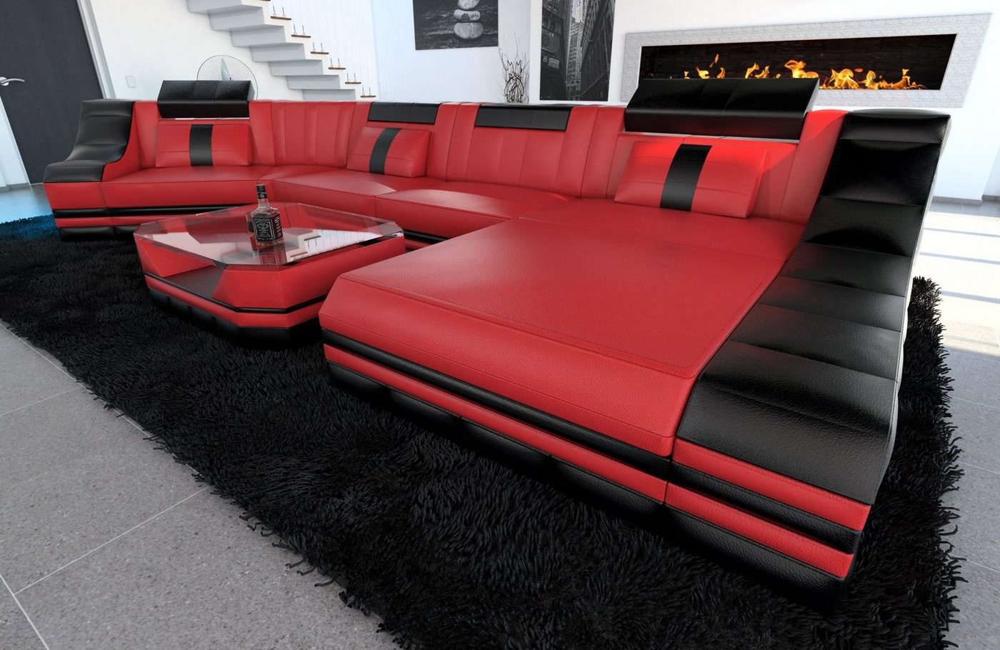 Sofa Dreams Wohnlandschaft Ledercouch Turino C Form Ledersofa Leder Sofa, Couch, mit LED, wahlweise mit Bettfunktion als Schlafsofa, Designersofa von Sofa Dreams