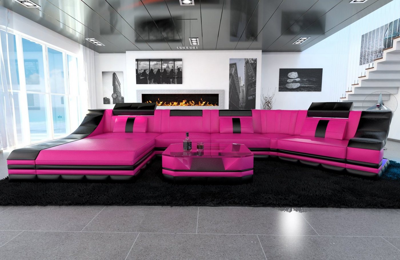 Sofa Dreams Wohnlandschaft Ledercouch Turino C Form Ledersofa Leder Sofa, Couch, mit LED, wahlweise mit Bettfunktion als Schlafsofa, Designersofa von Sofa Dreams